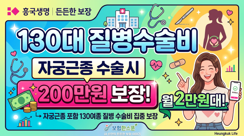 흥국생명 130대 질병수술비(자궁근종 수술시 200만원보장)2만원대 플랜