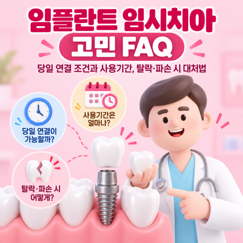 [천안우리가족치과의원] 임플란트 임시치아 고민 FAQ｜당일 연결 조건과 사용기간, 탈락·파....