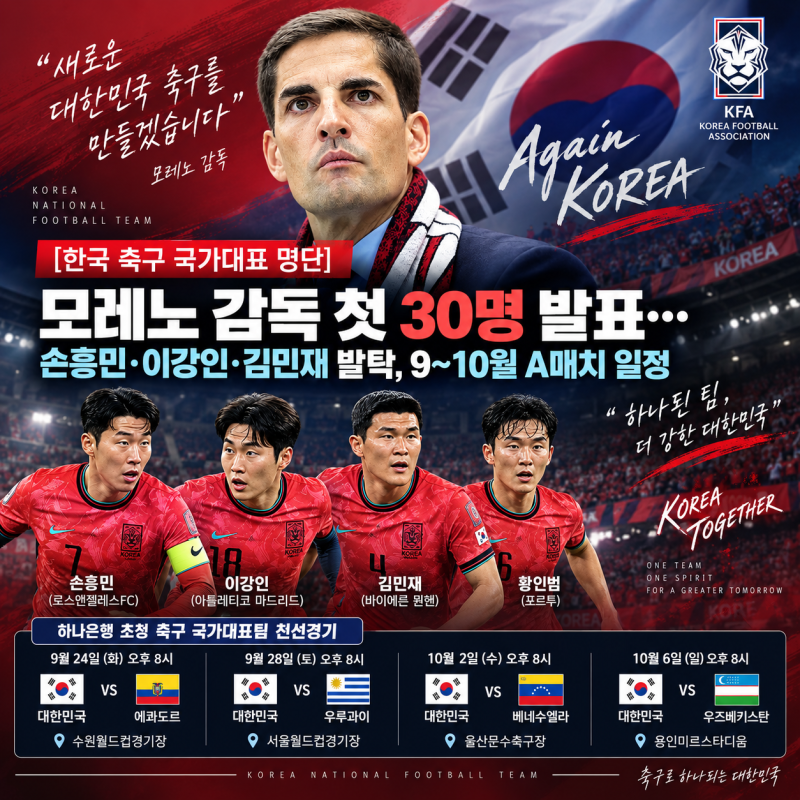 [한국 축구 대표팀] 모레노 감독, 하나은행 초청 축구 국가대표팀 친선 경기 선수 명단 발표......
