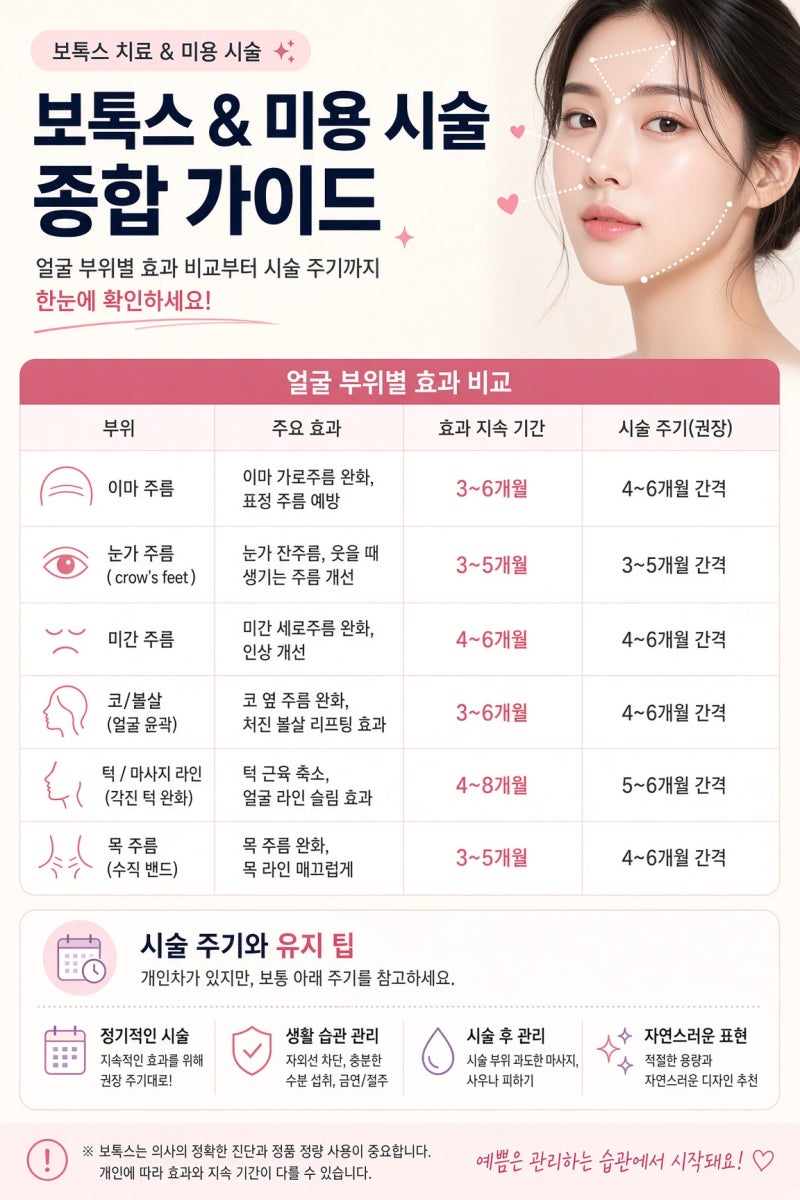 보톡스 종류 비교와 얼굴 부위별 효능 총정리 | 이마·미간·눈가·사각턱 효과 잘 나는 시술....