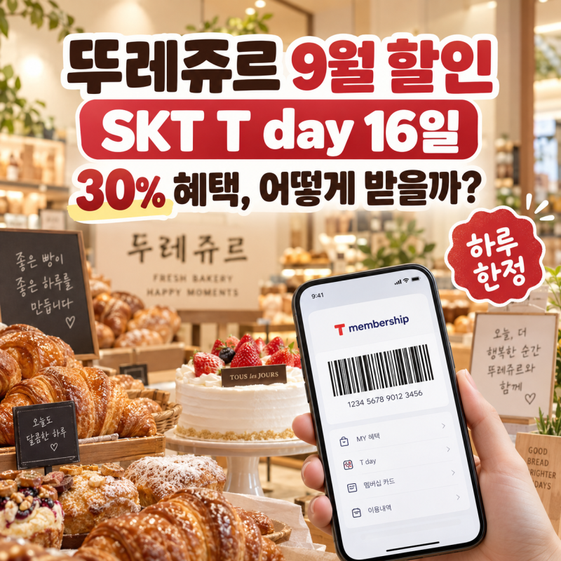 뚜레쥬르 9월 할인 30% 받는 법, SKT T day 16일 최대 6000원 총정리