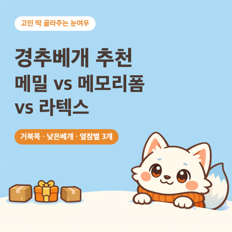 경추베개 추천, 메밀 vs 메모리폼 vs 라텍스 3종 (거북목·낮은베개·옆잠별)