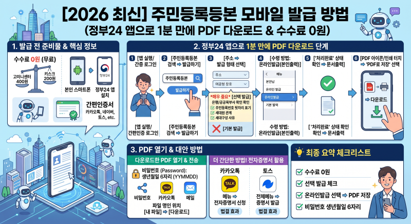 [2026 최신] 주민등록등본 모바일 발급 방법 (정부24 앱으로 1분 만에 PDF 다운로드 & 수수료 0원)