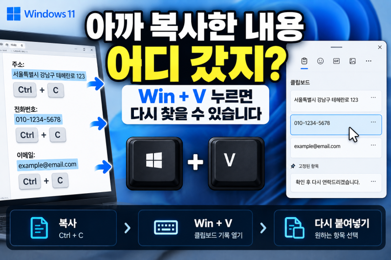 윈도우11 클립보드 기록 켜기, Win+V로 전에 복사한 내용 다시 붙여넣기