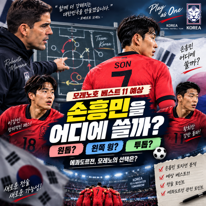 모레노는 손흥민을 어디에 쓸까? 원톱·왼쪽·투톱…에콰도르전 베스트11 예상