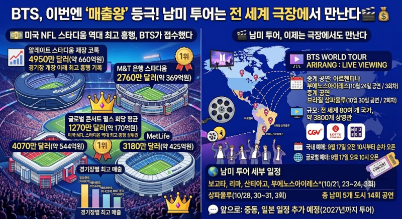 BTS, 이번엔 '매출왕' 등극! 남미 투어는 전 세계 극장에서 만난다