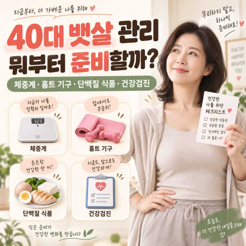 40대 뱃살 관리 뭐부터 준비할까?｜체중계·홈트 기구·단백질 식품·건강검진 체크리스트