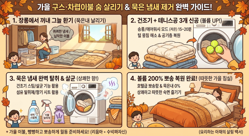 가을 구스·차렵이불 세탁 및 관리법 완벽 정리! 묵은 냄새 제거·건조기 테니스공 숨 살리기 ....
