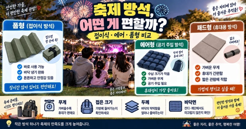 가을축제 휴대용 방석 필요할까? 접이식·에어·폼형 장단점 비교