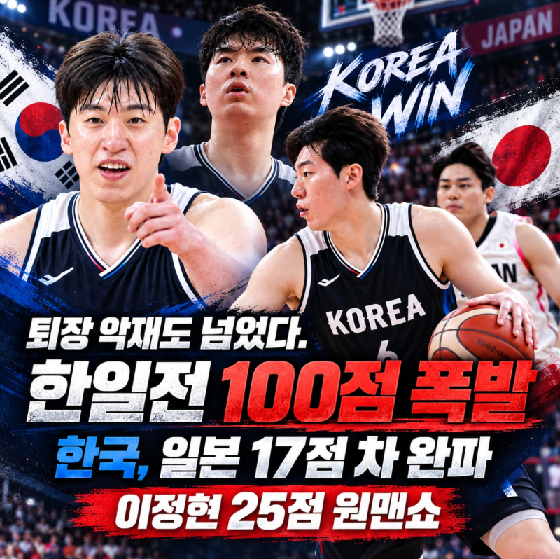 한국 농구 일본 100-83 완파, 퇴장 악재도 넘었다. 이정현 25점 조 1위 8강, 최준용 합류