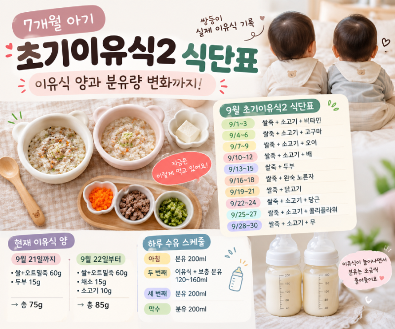 7개월 아기 초기이유식2 식단표｜이유식 양과 분유량 변화