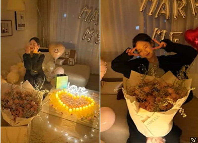 "민트색 상자에 눈물 펑펑"… 지예은, 예비 신랑 바타에게 받은 감동의 프러포즈 현장 공개 "....