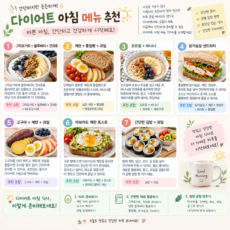 다이어트 아침 메뉴 추천 BEST 7! 간편하고 건강한 아침 식사