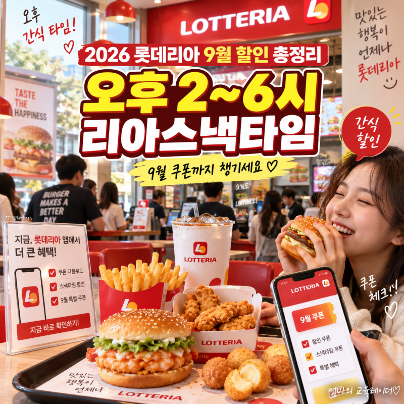 2026 롯데리아 9월 할인 총정리｜오후 2~6시 리아스낵타임, 9월 쿠폰까지 챙기세요