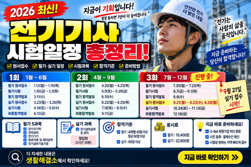 2026 전기기사 시험일정 총정리 | 3회 실기 원서접수·필기·실기 과목·합격기준