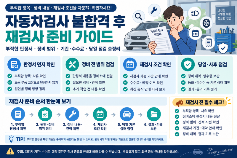 자동차검사 불합격 후 재검사 준비 방법｜정비·기간·수수료 확인