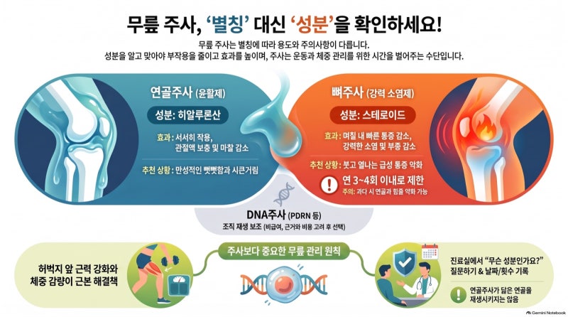 무릎 연골주사 vs 뼈주사 — 별칭 말고 성분으로 물어보세요