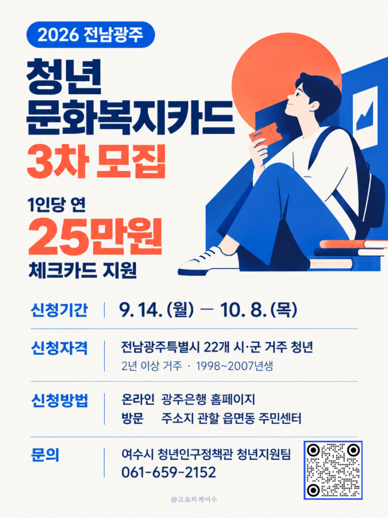 전남광주 청년 문화복지카드 3차 모집 안내 9.14-10.8 (98-07년생 연25만원)