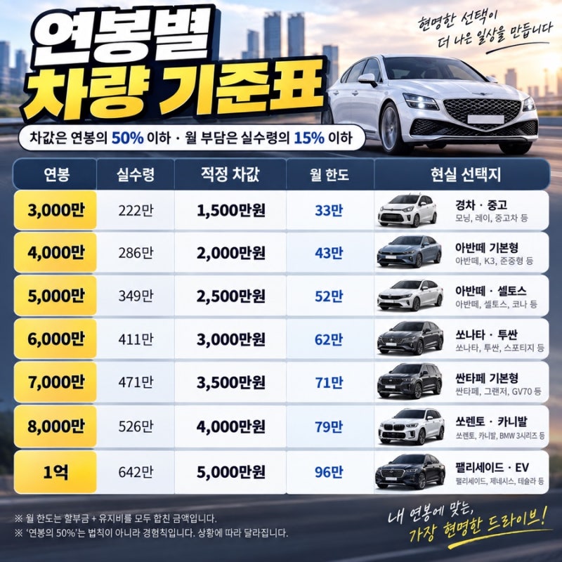연봉 3천에 아반떼 사면 저축이 0원 됩니다 | 연봉별 국산 차량 기준표