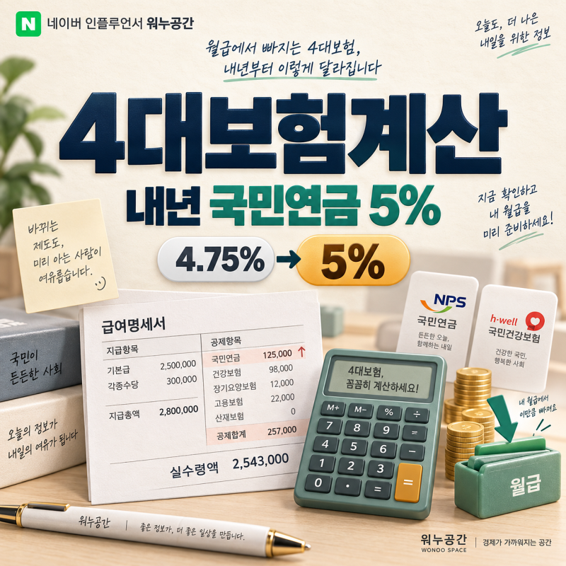 4대보험계산 올해와 내년 또 다르다, 건강보험은 동결됐지만 국민연금은 5%