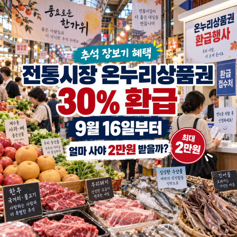 전통시장 온누리상품권 30% 환급, 9월 16일부터 얼마 사야 2만원 받을까?
