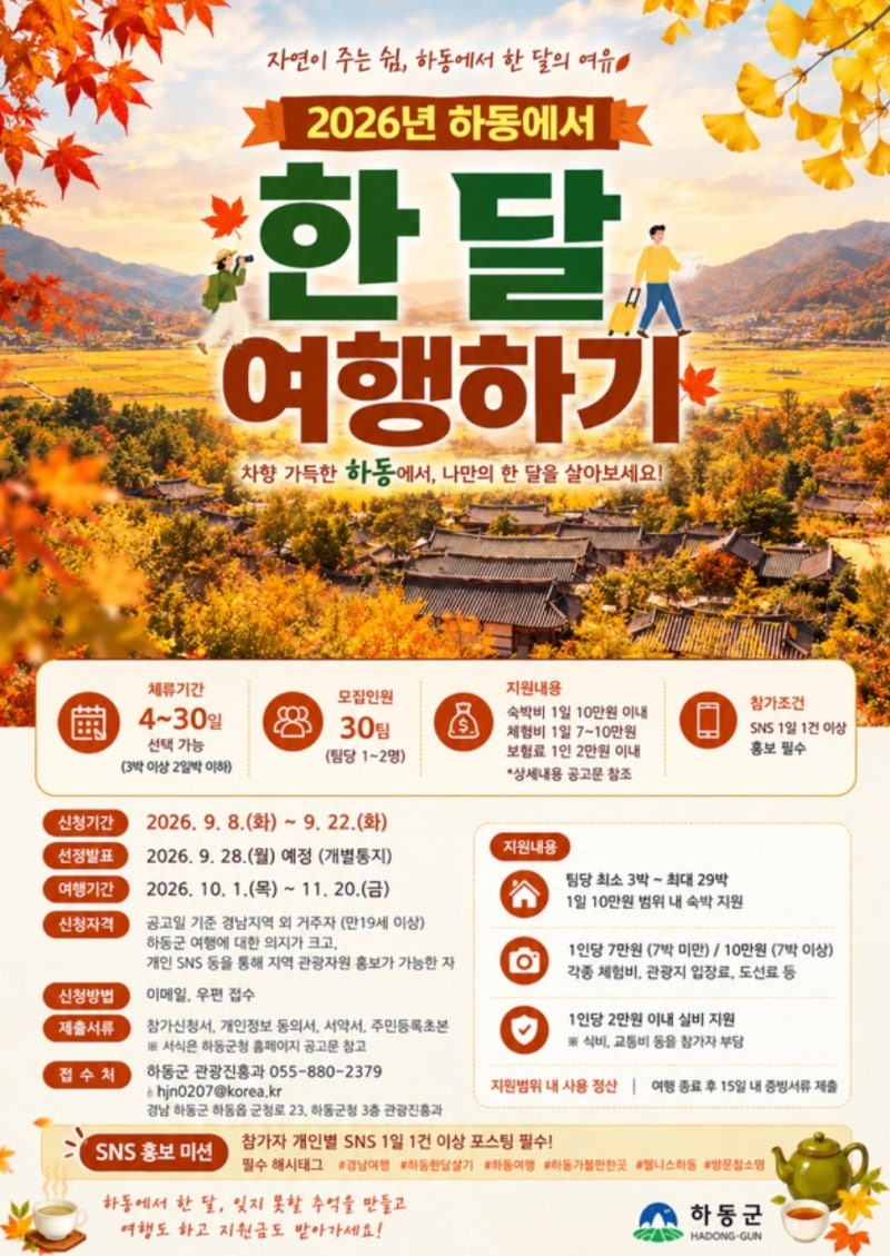 하루 숙박비 최대 10만 원｜2026 하동 한 달 여행 참가자 모집