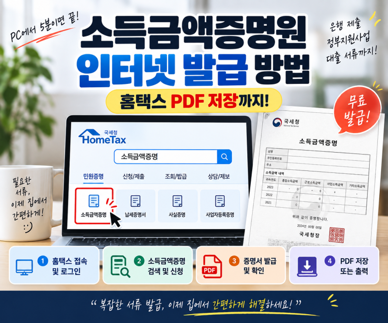 소득금액증명원 인터넷 발급 방법, 홈택스에서 PDF 저장까지