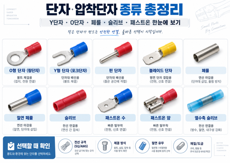 단자·압착단자 종류 총정리｜O형·Y형·핀·블레이드·페룰·패스트온 차이와 사용법