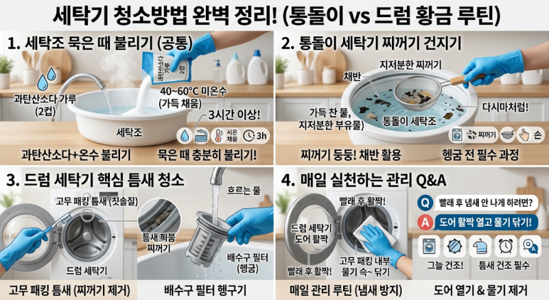 세탁기 청소방법 완벽 정리! 과탄산소다 배합 비율 & 통돌이 vs 드럼 황금 루틴