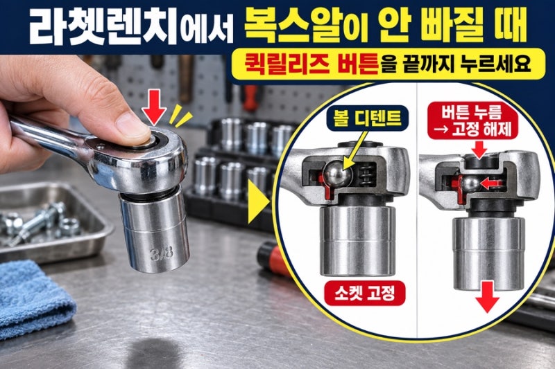 라쳇렌치에서 복스알이 안 빠질 때｜퀵릴리즈 버튼과 소켓 빼는 방법