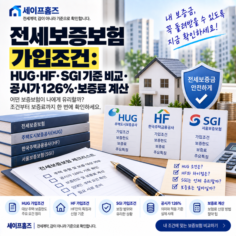 전세보증보험 가입조건: HUG·HF·SGI 기준 비교·공시가 126%·보증료 계산