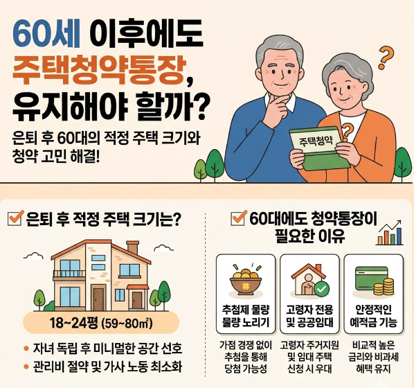 60세 이후 주택청약통장 유지해야 할까? 은퇴 후 60대 적정 집 평수 고민(자녀 독립 vs 1인 가구....