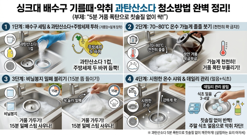 싱크대 배수구 청소방법 완벽 정리! 과탄산소다 기름때·악취 제거 배합 & 5분 거품 폭탄 꿀팁