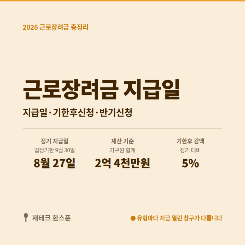 2026 근로장려금 정기 지급일·기한후신청 | 8월 27일 놓쳤다면 지금 뭘 봐야 할까