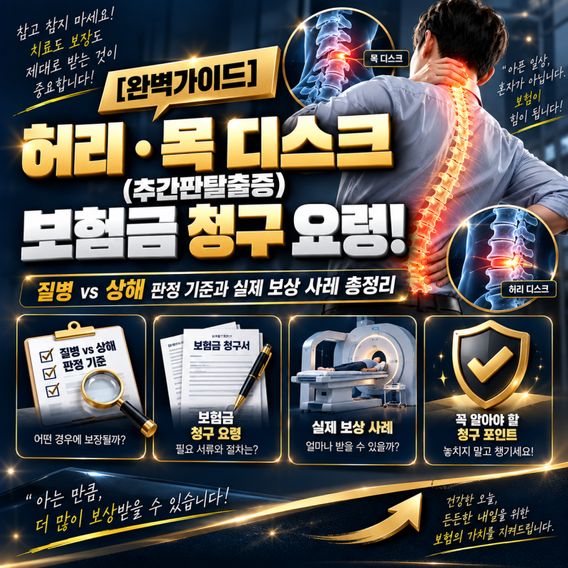 [완벽가이드] 허리·목 디스크(추간판탈출증) 보험금 청구 요령! 질병 vs 상해 판정 기준과 실....