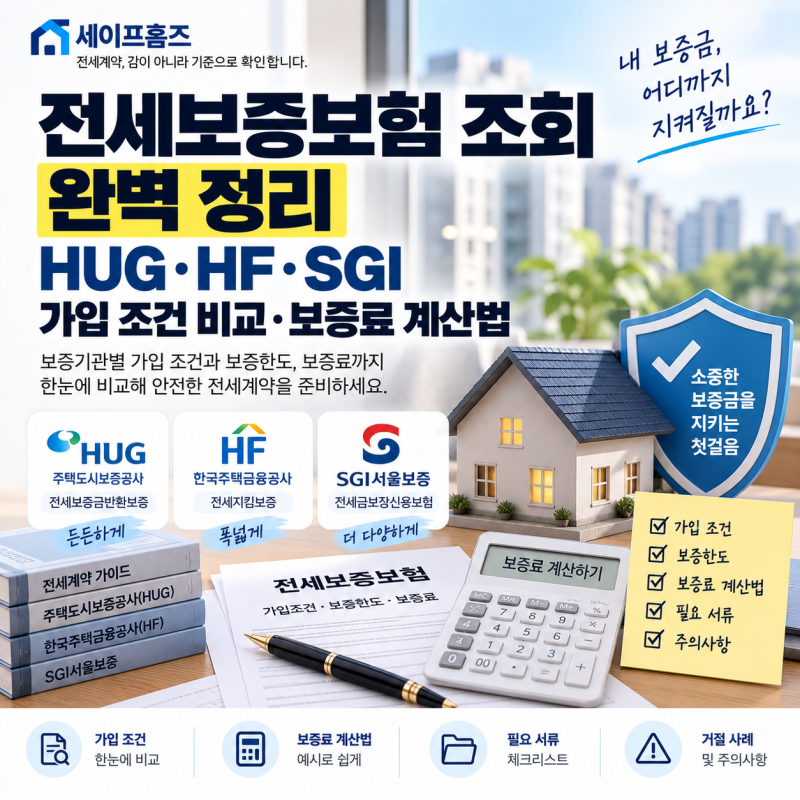 전세보증보험 조회 완벽 정리: HUG·HF·SGI 가입 조건 비교·보증료 계산법
