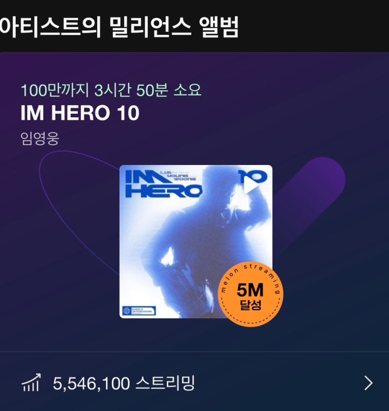 임영웅 IMHERO 10 멜론 밀리언스 앨범 100만 스트리밍 달성의 역대급 기록