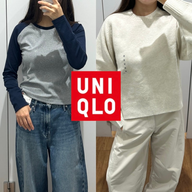 유니클로 가을 신상 입어보기ㅣ미니T긴팔래글런(나그랑티), 패디드쇼트블루종, 집업쇼트재....