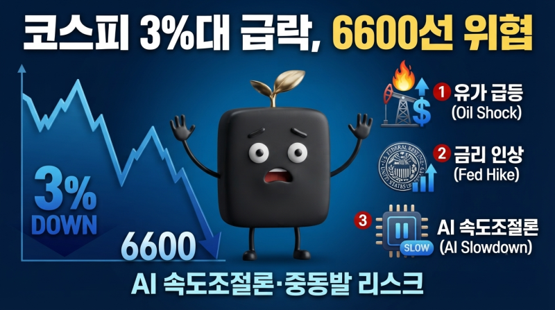 코스피 3%대 급락, 6600선 위협… 중동 유가 급등·미국 금리인상 경계감