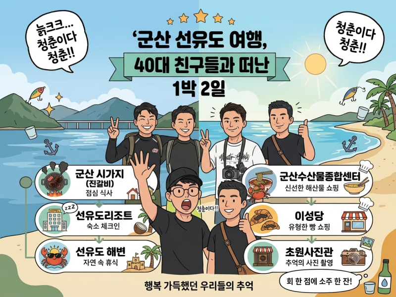 군산 선유도 여행, 40대 친구들과 떠난 1박 2일 - "다운샷으로 잡은 광어가 저녁상에 오르기까....