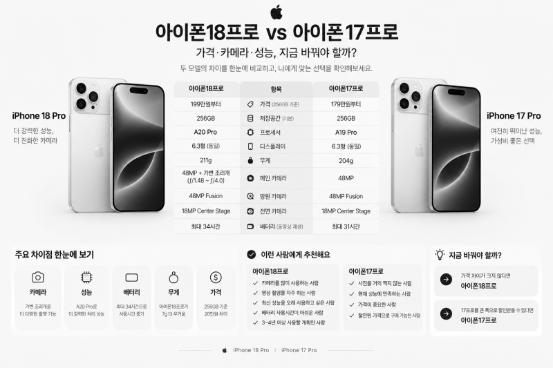 아이폰18프로 vs 아이폰17프로 비교｜가격·카메라·성능, 지금 바꿔야 할까?