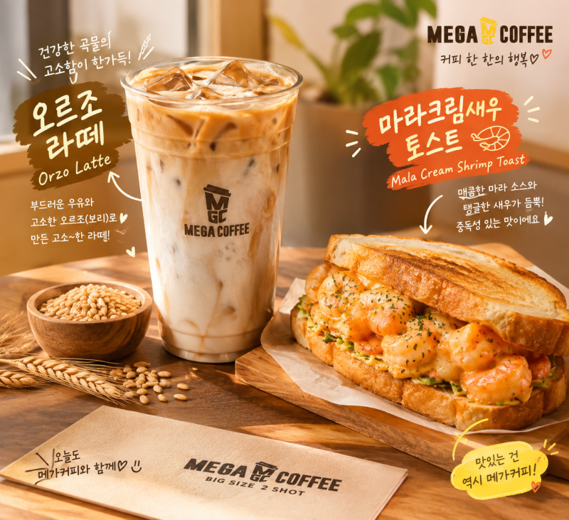 메가커피 신메뉴｜오르조라떼 & 중식마녀 마라크림 새우토스트 솔직후기