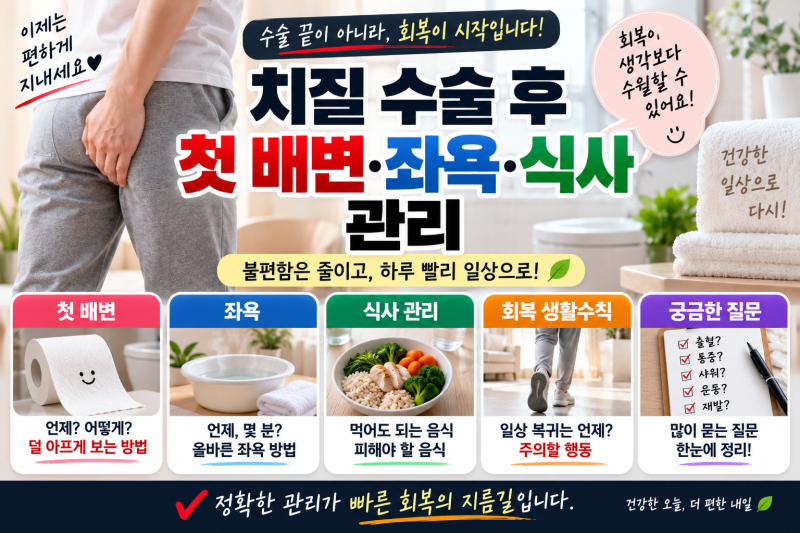 치질 수술 후 첫 배변·좌욕·식사 관리 / 첫 화장실이 무섭다면 꼭 읽어보세요