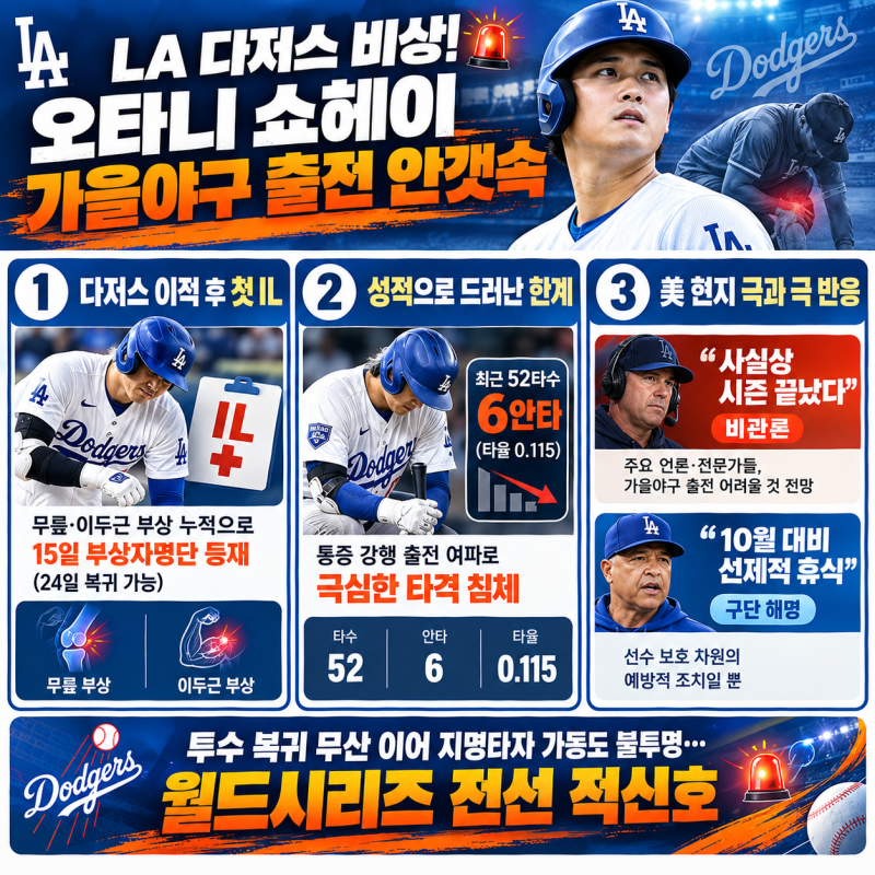 "가을야구서 오타니 못 본다?" LA 다저스 부상 장기화와 포스트시즌 복귀 불투명 사태 총정리