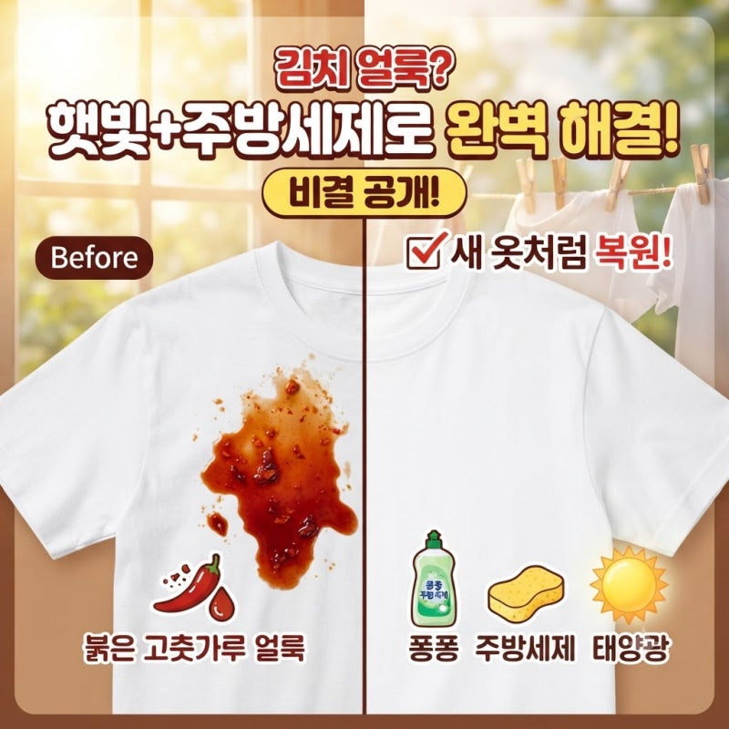 붉은 고춧가루 얼룩 새 옷처럼 복원하는 비결, 햇빛과 주방세제 활용 꿀팁