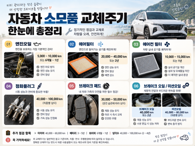 자동차 소모품 교환주기 총정리, 엔진오일·브레이크패드·미션오일 언제 바꿀까?