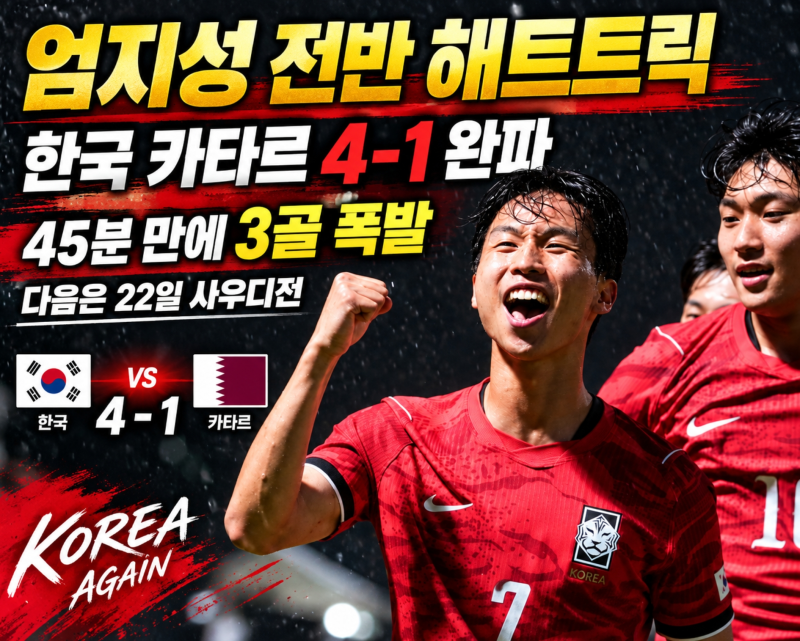 엄지성 전반 해트트릭, 한국 카타르 4-1 완파. 아시안게임 축구 순위 사우디전 일정 8강 진출 ....