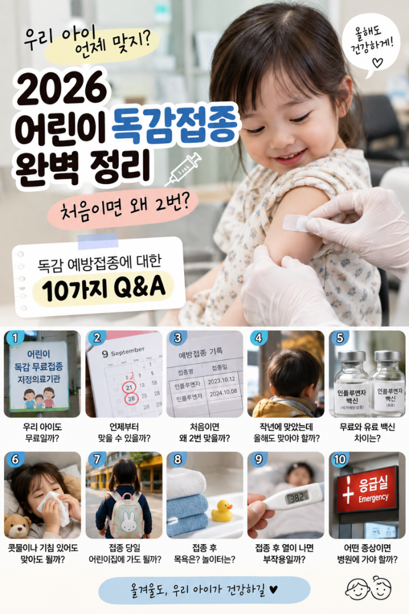 2026 어린이 독감 예방접종 시기｜처음이면 2번? 무료 대상부터 접종 후 열까지