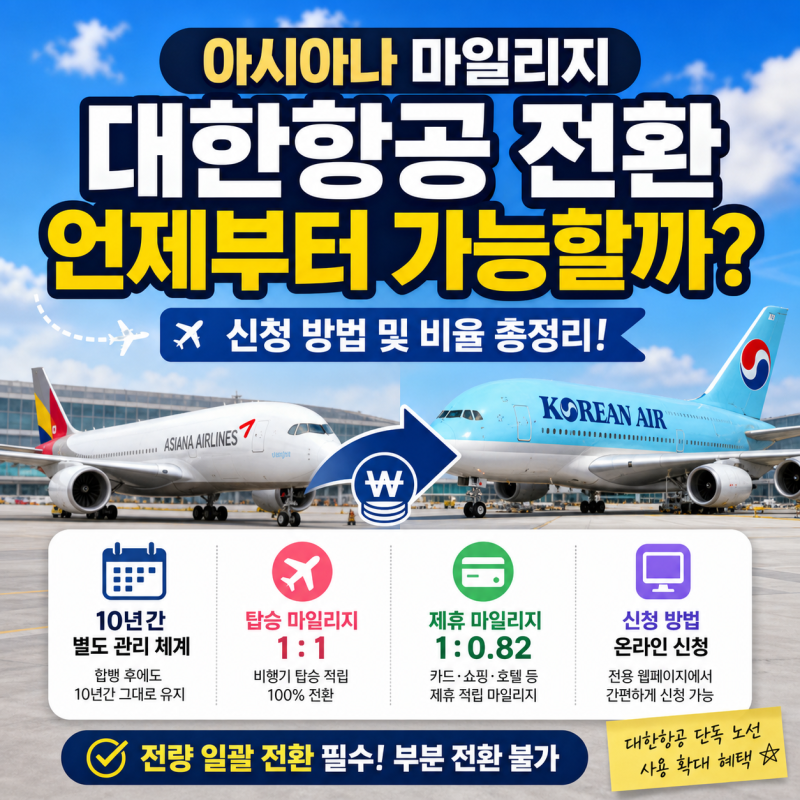 아시아나 마일리지 대한항공 전환 언제부터 가능할까? 신청 방법 및 비율