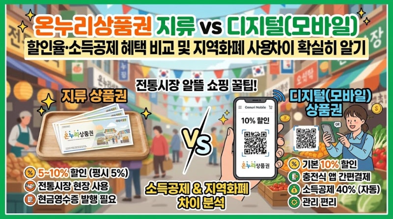 온누리상품권 지류 vs 디지털(모바일) 할인율·소득공제 혜택 비교 및 지역화폐 사용처 차이 ....